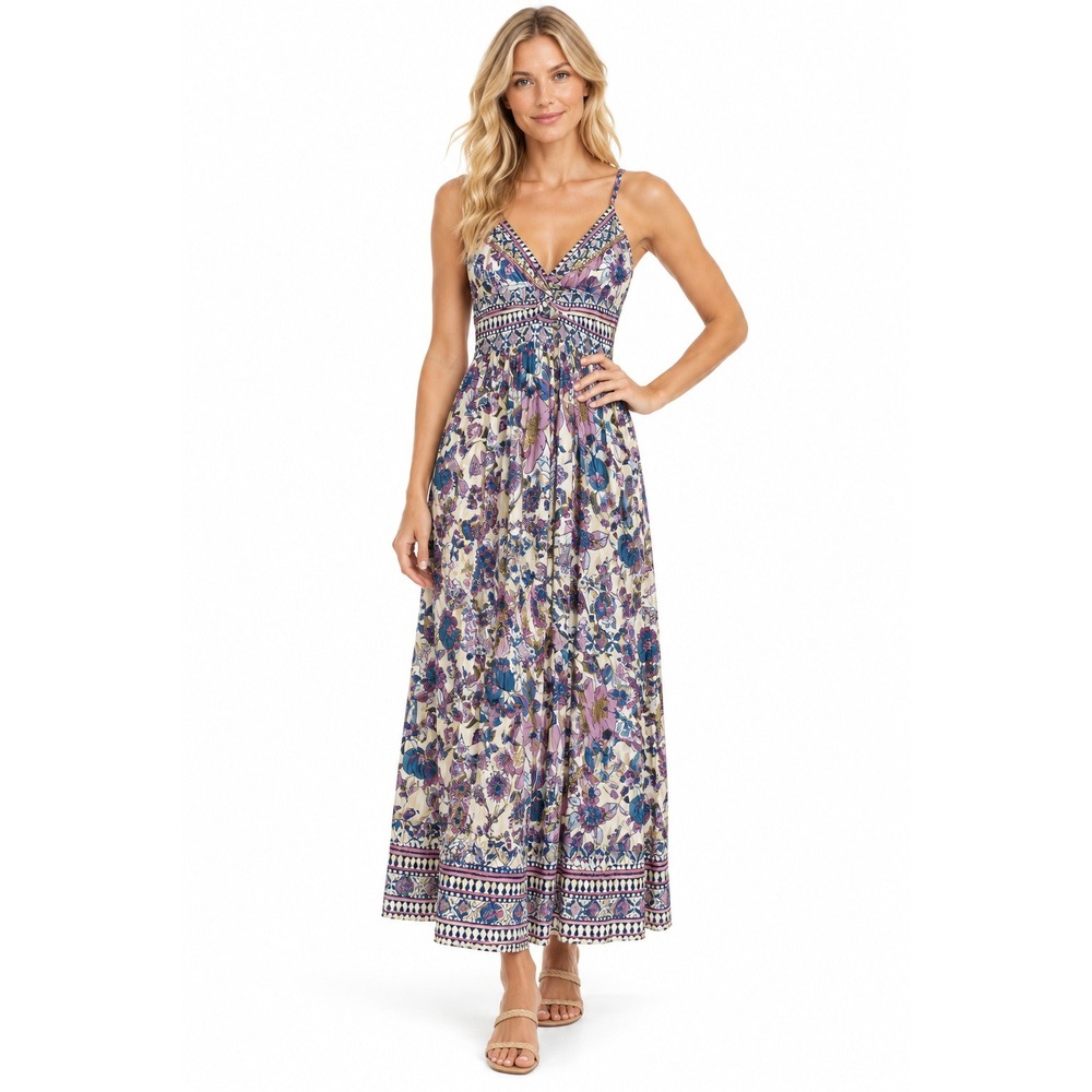 Boho Floral Angie Maxi Dress V-Neck Cutout Smocked Back Small Purple White